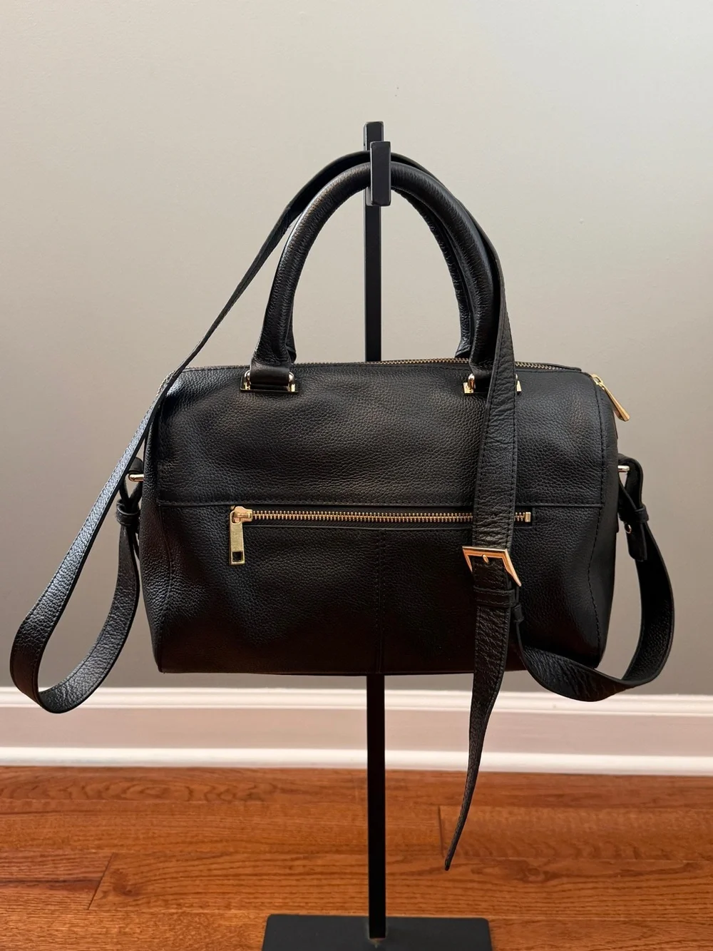 Rachel Roy Black Leather Satchel Handbag with Gold Hardware